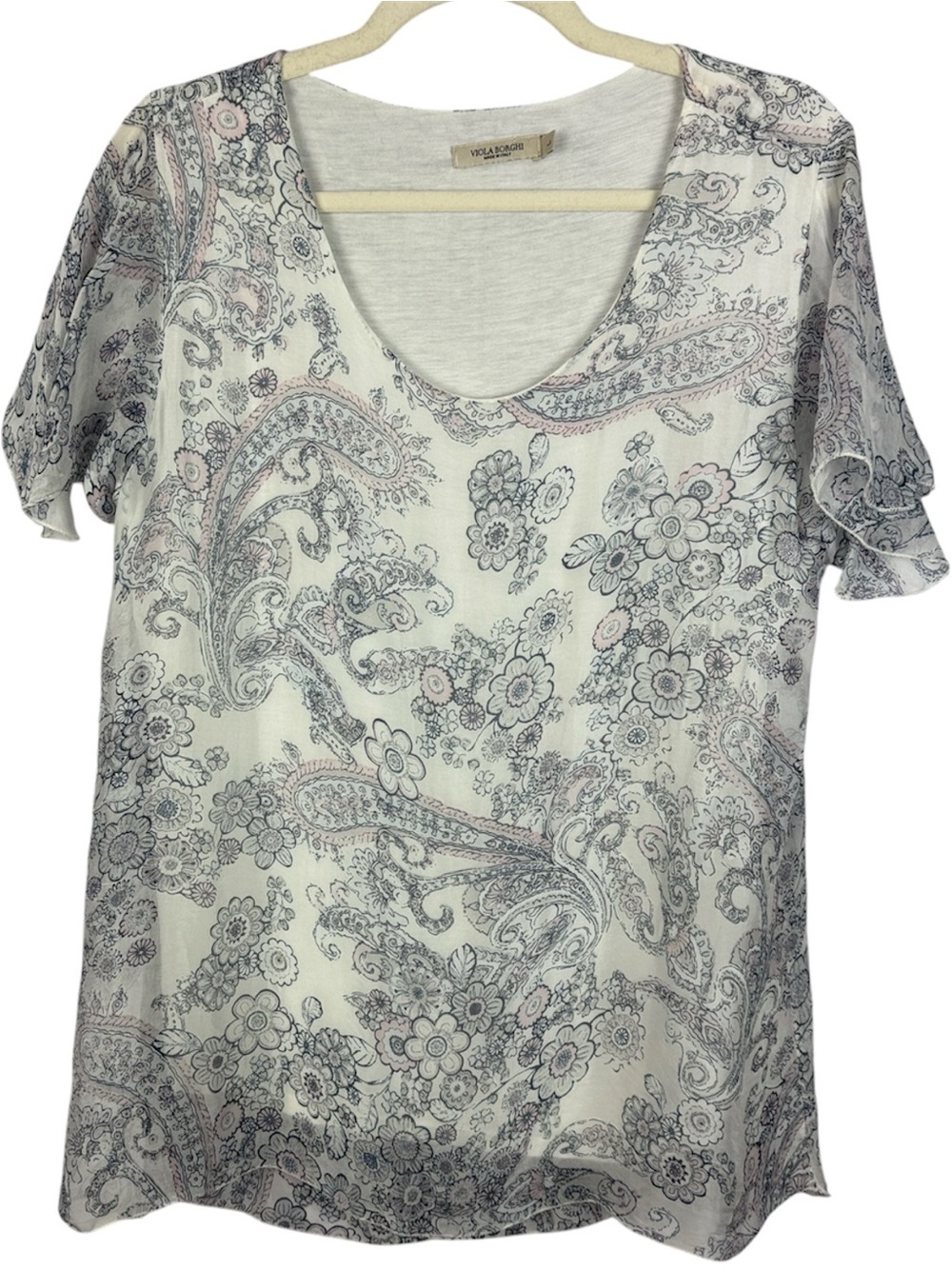 Viola Borghi Italy Silk Blend Paisley Floral Layered Blouse Top Cream Pink L